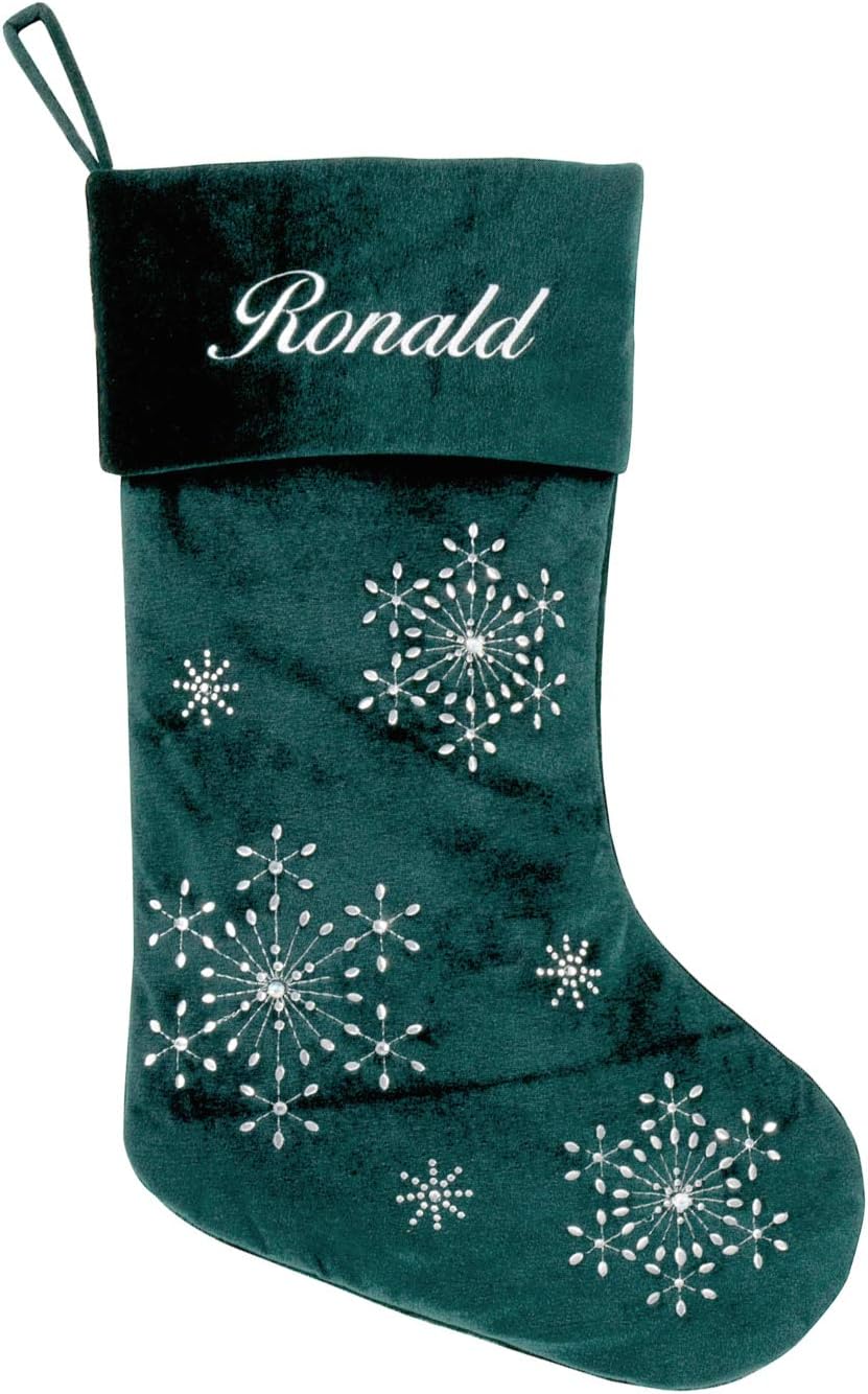 Personalized Planet Calcetín de Navidad de terciopelo con nombre bordado personalizado, puño verde, divertida decoración festiva del hogar de