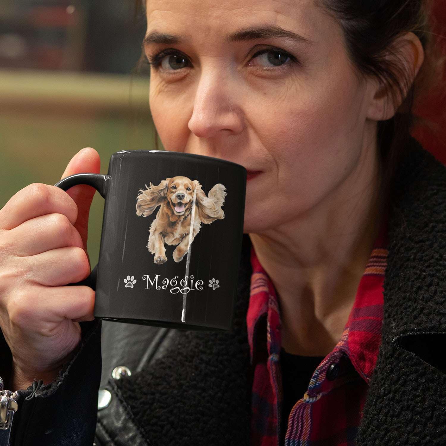 Taza de té de perro Happy Cocker Spaniel personalizada para abuelos, taza de café con nombre personalizado de 11 onzas y 15 onzas, taza de cerámica