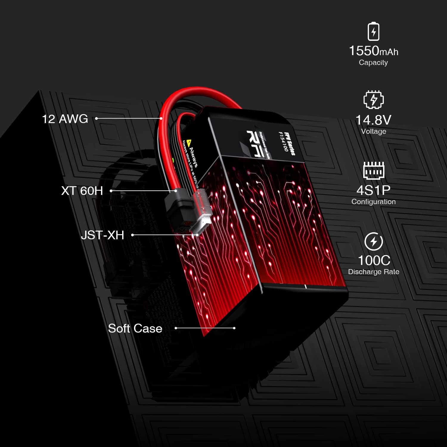 Paquete de batería Lipo de 1550 mAh 14.8 V 100C 4S con conector XT60 para FPV Racing Drone Quadcopter, Helicóptero, Avión RC Modelos (paquete de 2)