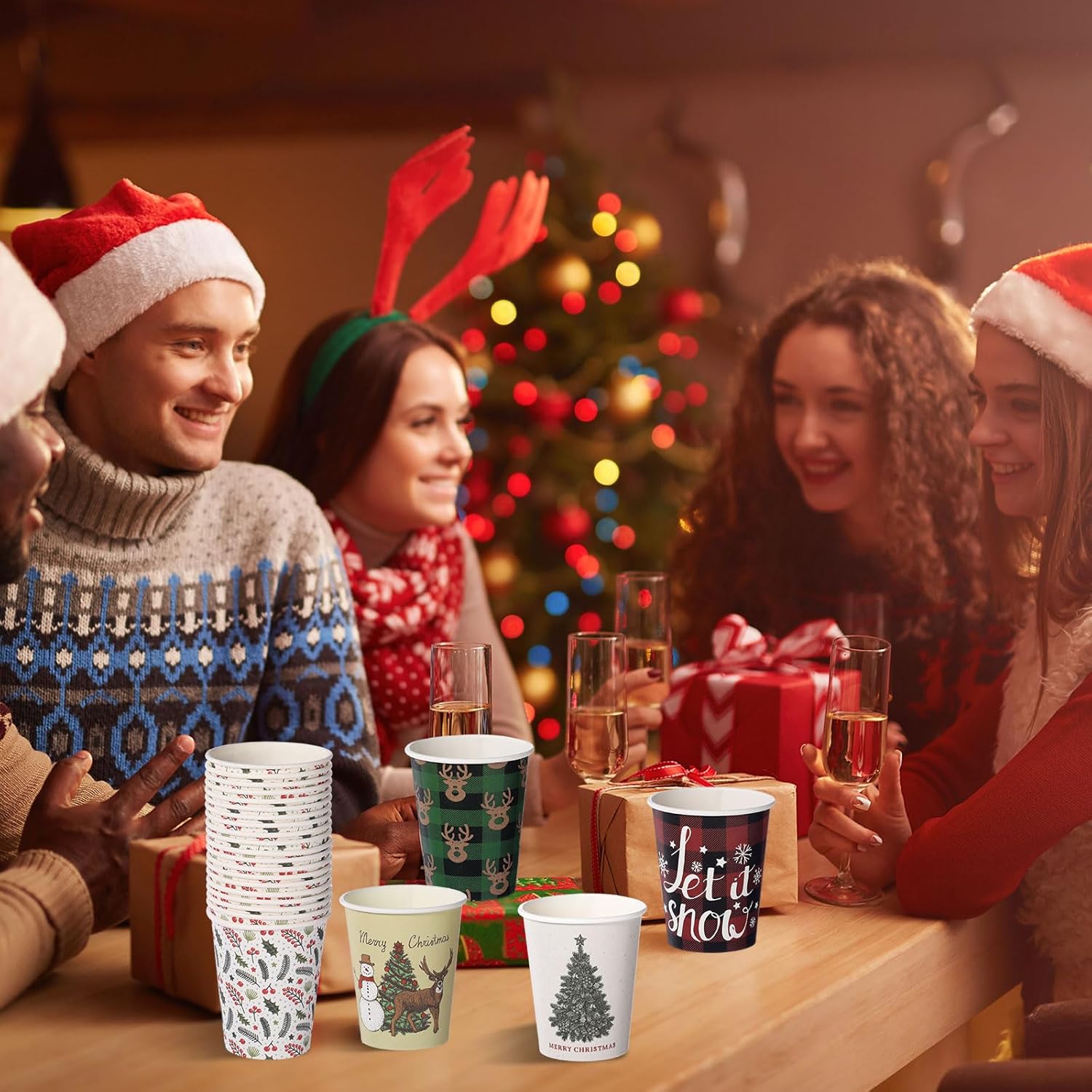 Zhehao 100 vasos de papel de Navidad desechables de 9 onzas, tazas de café de Navidad, tazas de chocolate de chocolate de Navidad, copos de nieve,