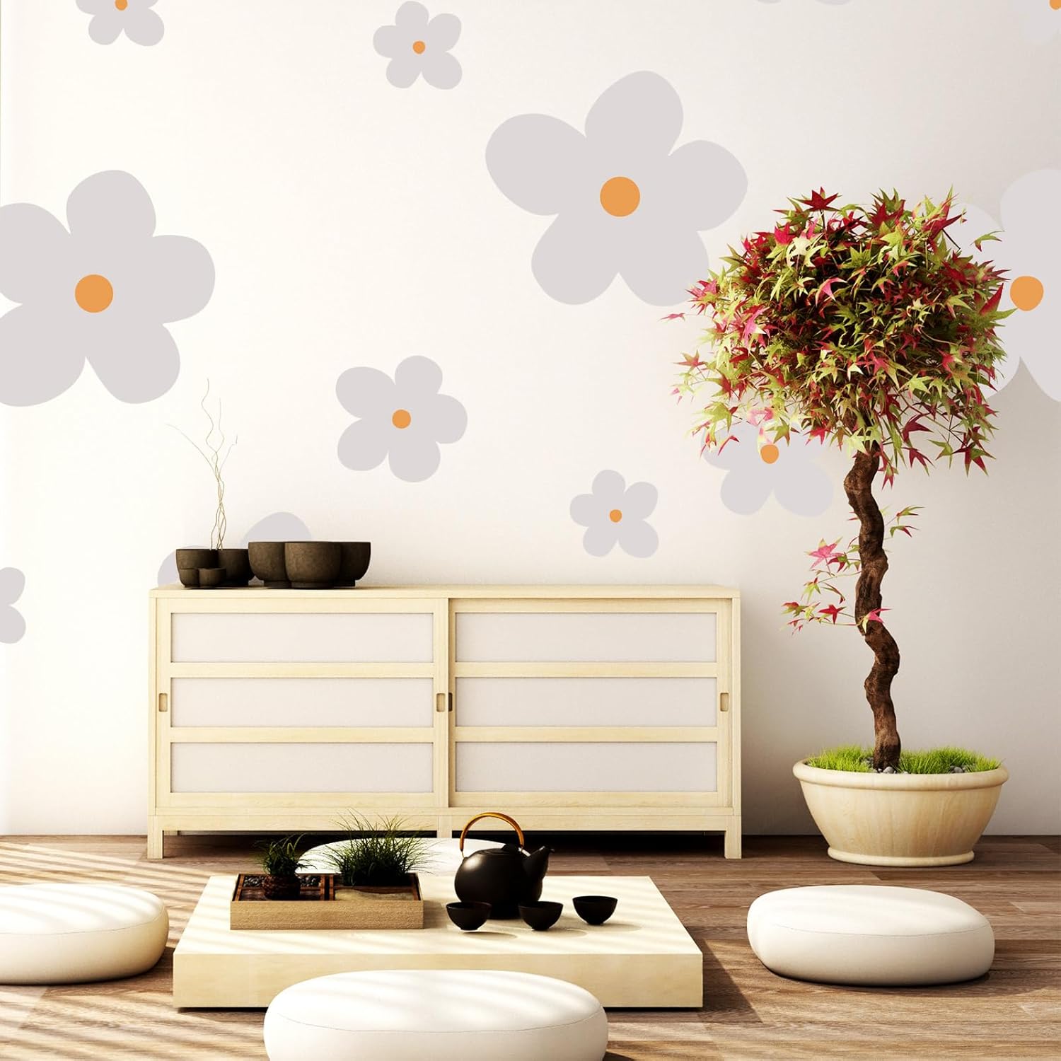 Whaline 28 calcomanías de pared de margaritas grandes, diseño de margaritas boho, beige, despegar y pegar, decoración de pared floral, vinilo para