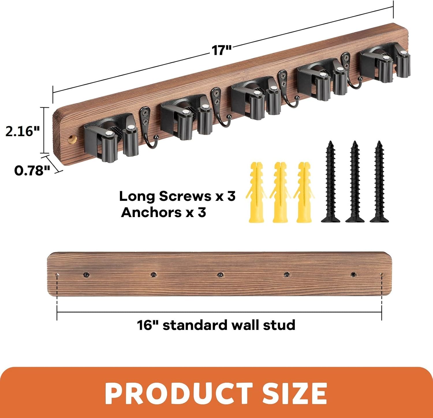 IMILLET Soporte de pared para escoba, soporte de escoba de madera con 5 estantes y 4 ganchos, organizador de escobas, organización y almacenamiento