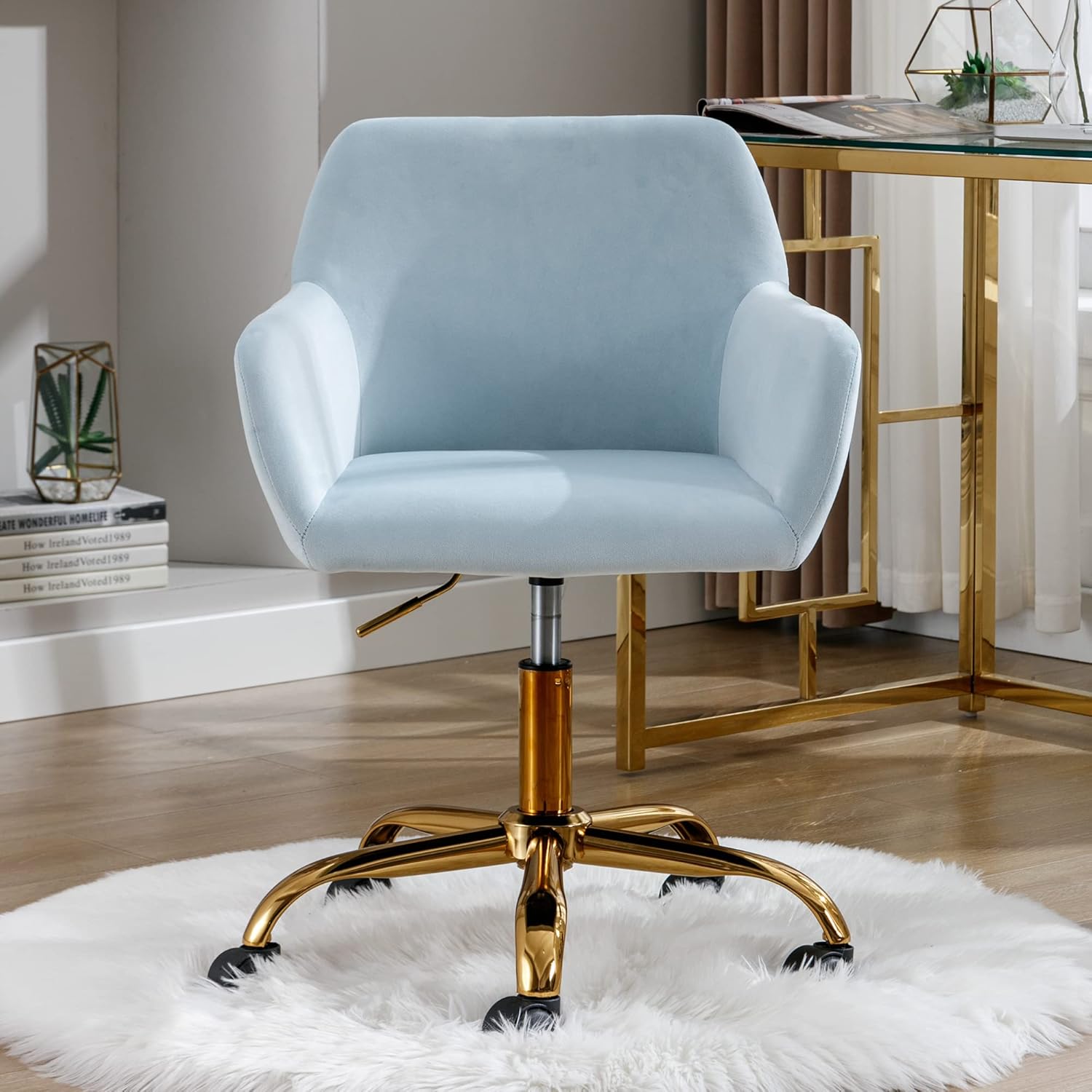 KCC Silla de escritorio de terciopelo para oficina, cómoda silla giratoria moderna con ruedas, silla de maquillaje tapizada de tela de terciopelo