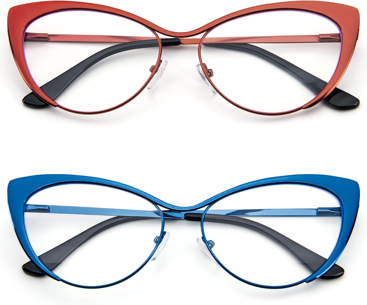 KoKoBin Gafas de lectura de ojo de gato, 2 pares de lentes de marco de metal, lectores de bisagra de resorte con bolsa de cuero para hombres y