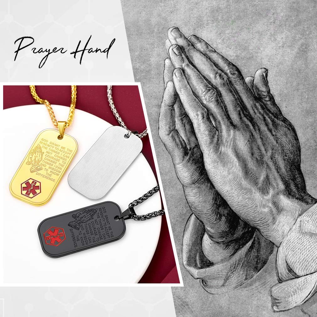 FaithHeart Collar de identificación de alerta médica, acero inoxidablechapado en oro de 18 quilates con colgante de identificación de emergencia