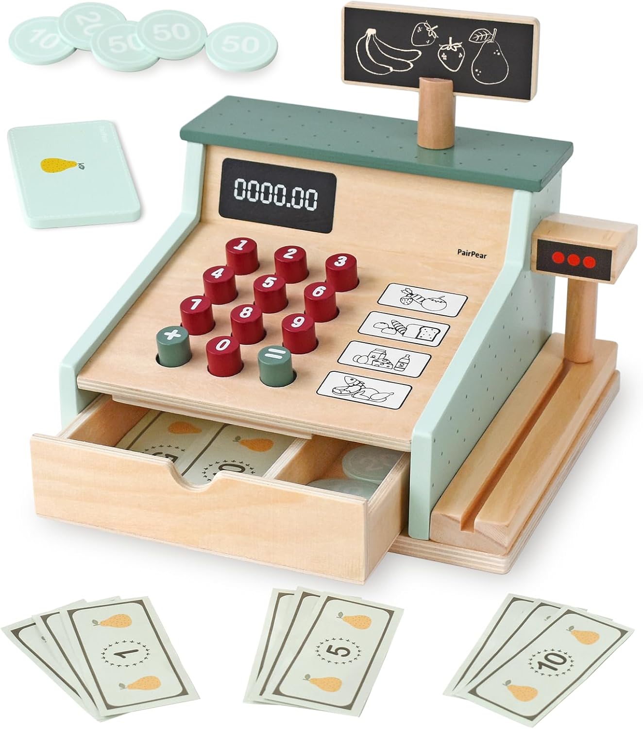 PairPear Caja registradora de juguete de madera, juguetes de conteo de dinero para niños con escáner y tarjeta de crédito, juguete de cajero para