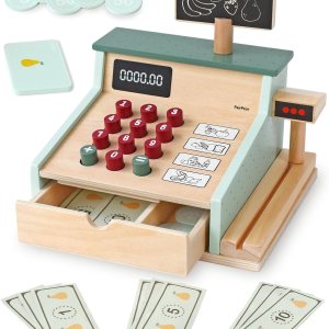PairPear Caja registradora de juguete de madera, juguetes de conteo de dinero para niños con escáner y tarjeta de crédito, juguete de cajero para PairPear Caja registradora de juguete de madera, juguetes de conteo de dinero para niños con escáner y tarjeta de crédito, juguete de cajero para