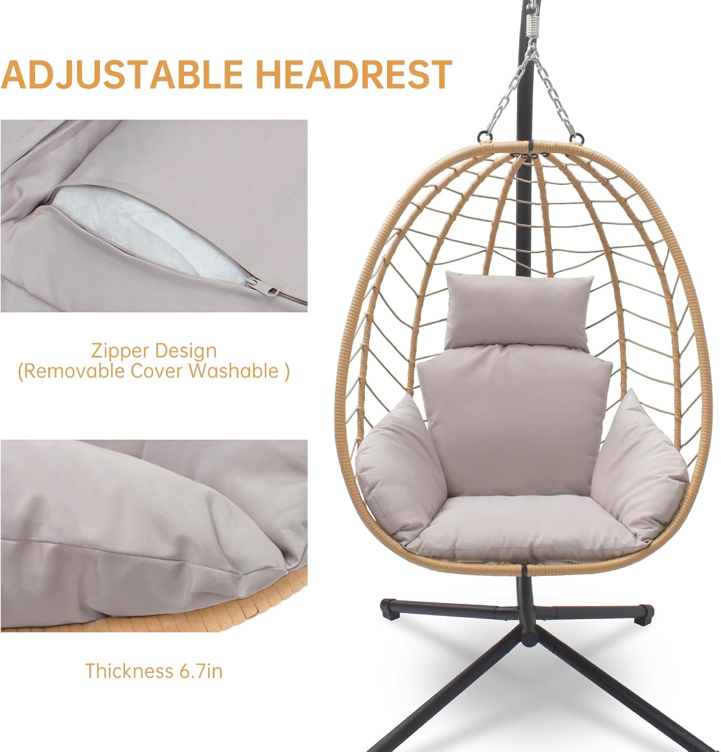 Silla colgante de huevo con soporte, hamaca de patio, silla oscilante, cesta de mimbre de ratán, altura ajustable, resistente a los rayos UV, uso en