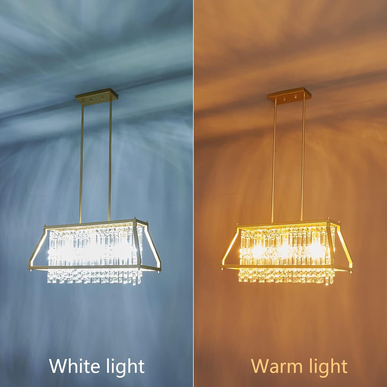 LMQNINE Lámpara colgante de cristal de metal dorado para cocina, isla de comedor, sala de estar, techo plano e inclinado (rectangular, 25.98