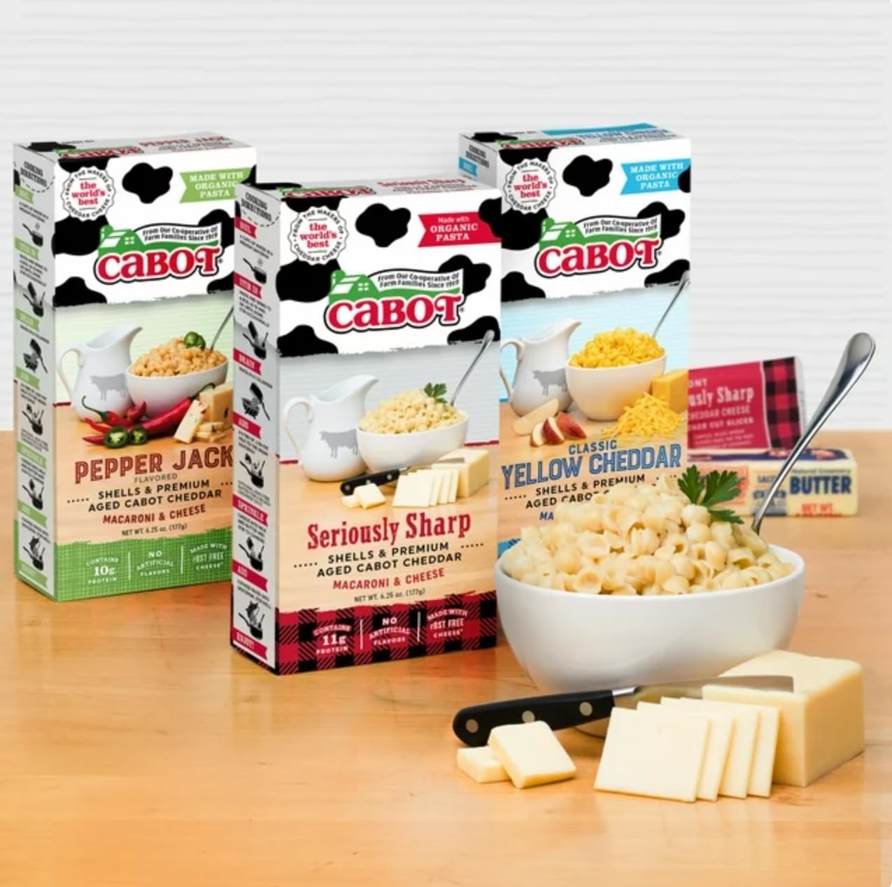 3 unidades de conchas de cabot y macarrones y queso cheddar añejados de primera calidad  Sabor clásico de cheddar amarillo  Cheddar envejecido y
