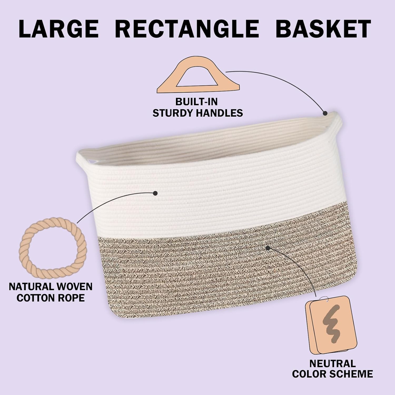 Cesta de cuerda extragrande, 22.8 x 14.9 x 11.8 pulgadas, cesta rectangular para manta para sala de estar, cesta organizadora de juguetes de tejido