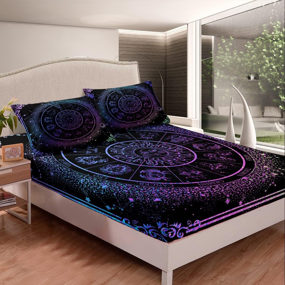 Sun Moon – Sábana bajera ajustable con signos del zodiaco y astrología, constelaciones gemelas, galaxia, regalos espirituales para niñas,