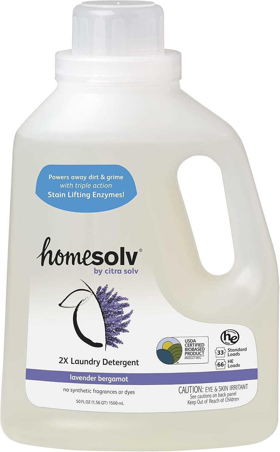 Homesolv – Detergente líquido para ropa HE 2X, lavanda bergamota, 50 onzas líquidas (paquete de 6)