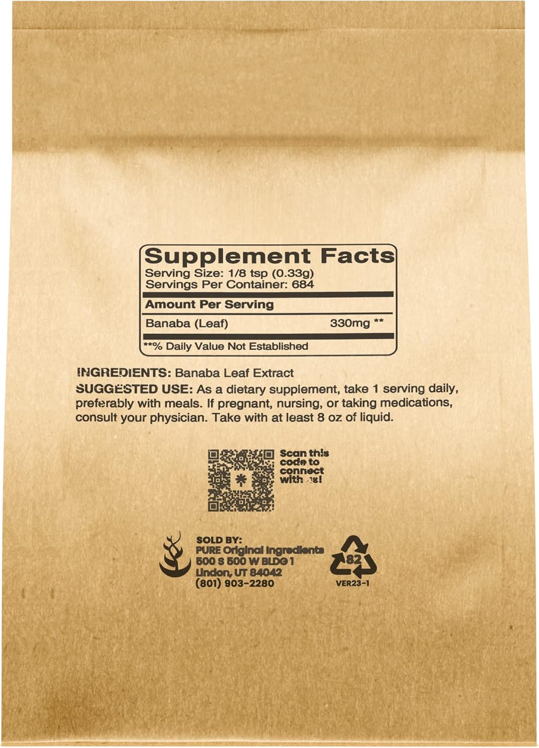 PURE ORIGINAL INGREDIENTS Polvo de hoja de banaba (8 onzas) siempre puro, sin rellenos ni aditivos, sin OMG