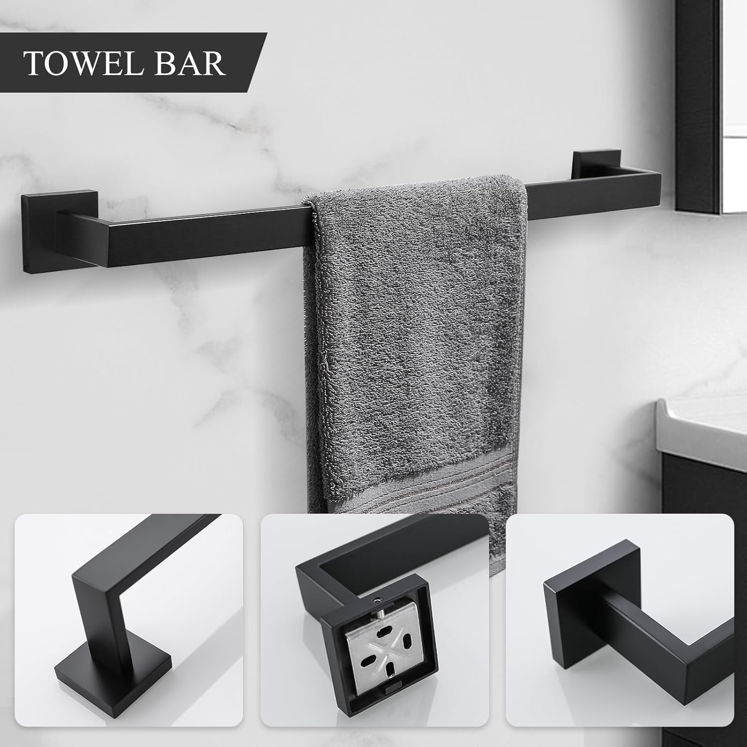 TURS Juego de accesorios de baño negro de 4 piezas, incluye toallero de 24 pulgadas, soporte para toallas de mano, gancho para toallas, soporte para