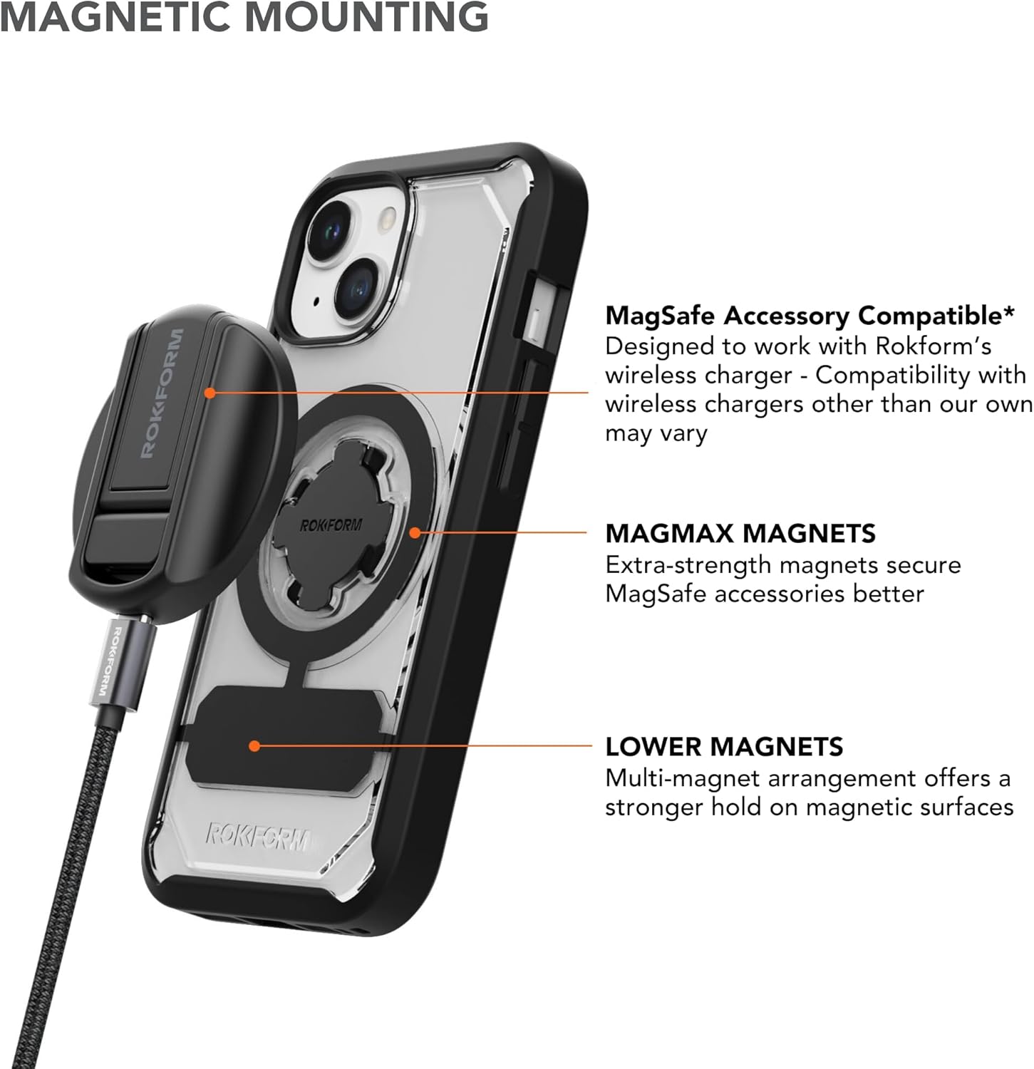 Rokform – Funda para iPhone 15, serie Crystal, funda magnética transparente para iPhone 15 con bloqueo giratorio RokLock, armadura delgada probada