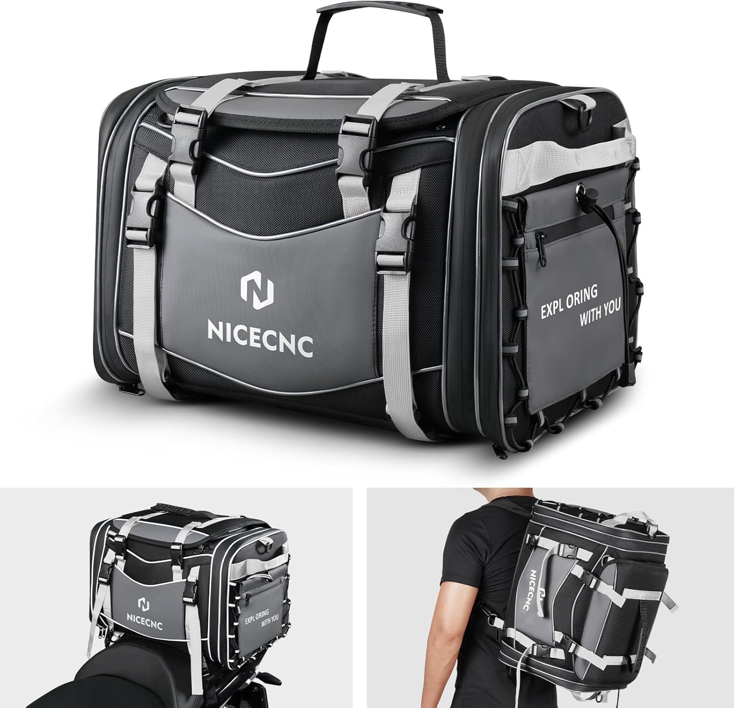 NICECNC Bolsa de equipaje para motocicleta, bolsa expandible para asiento trasero de motocicleta, bolsa universal de almacenamiento para casco de