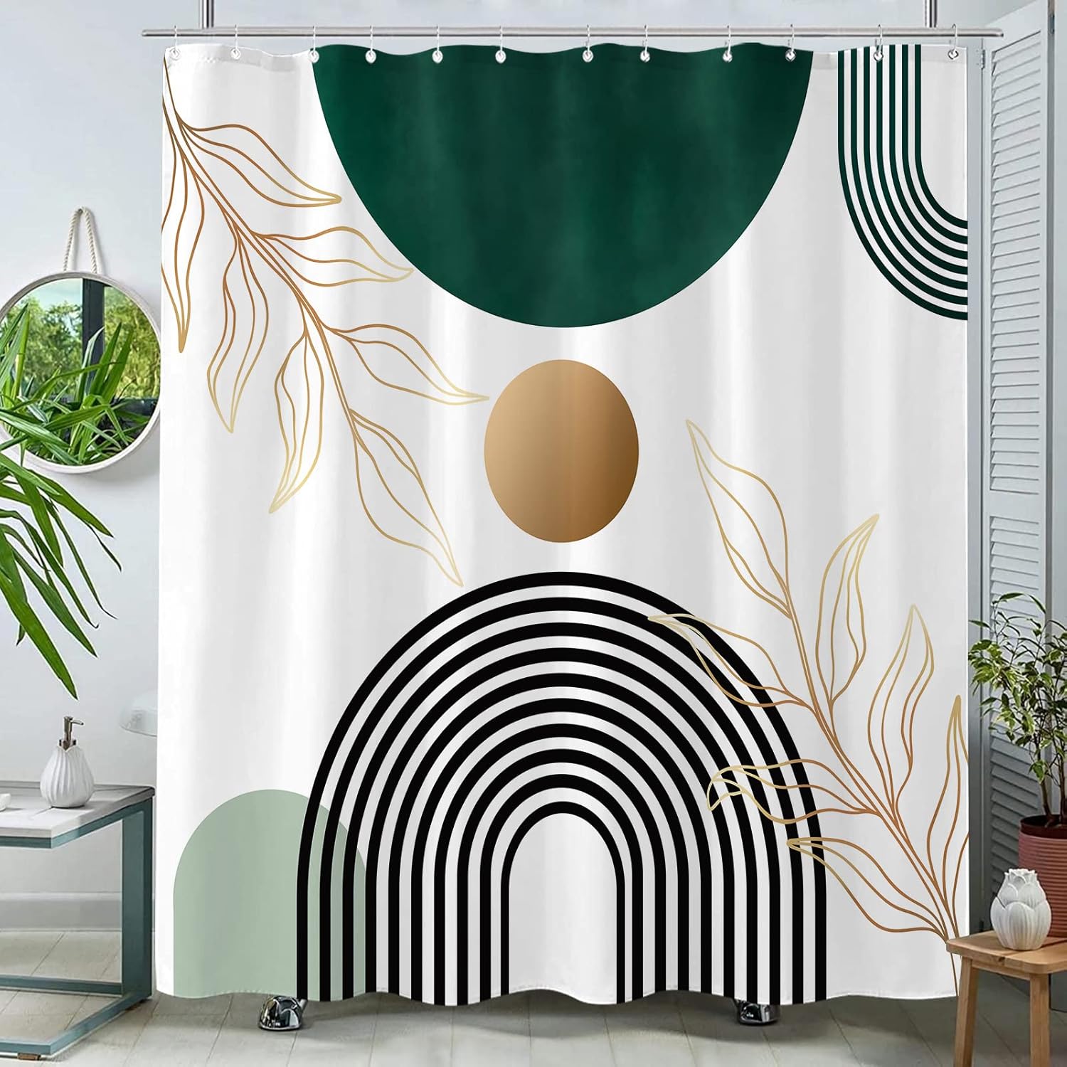 Aipon Cortina de ducha verde de mediados de siglo para baño, cortina de ducha abstracta bohemia de tela moderna impermeable para baño con 12 ganchos