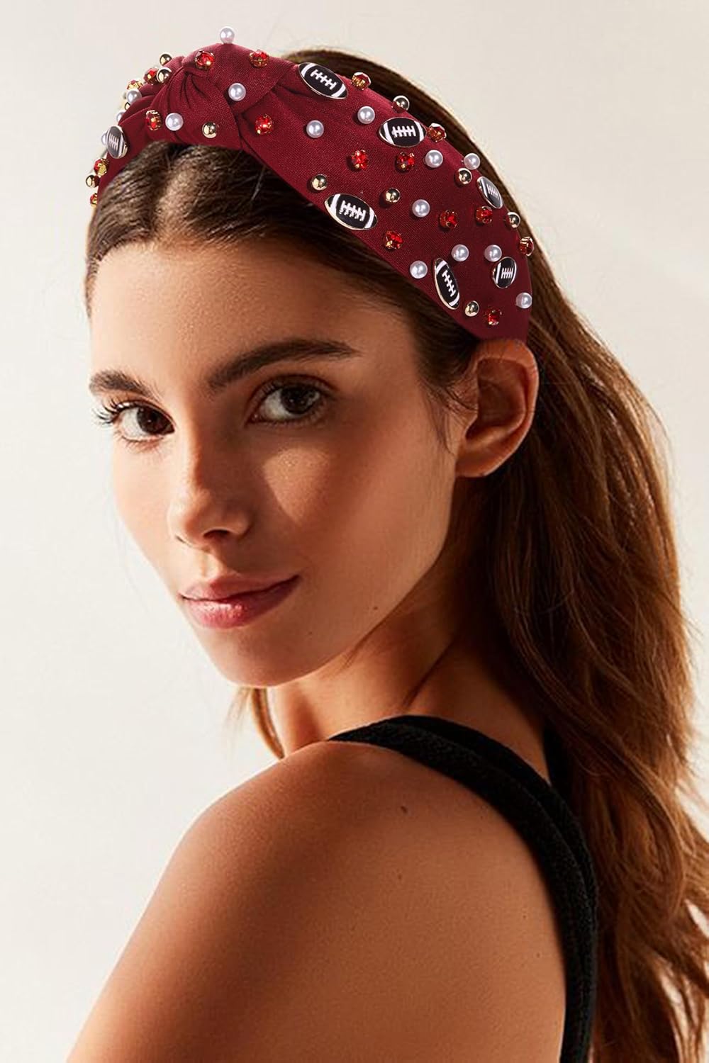 Diadema de fútbol con perlas y diamantes de imitación, diadema anudada divertida para deportes de fútbol, banda ancha con nudo superior para el día