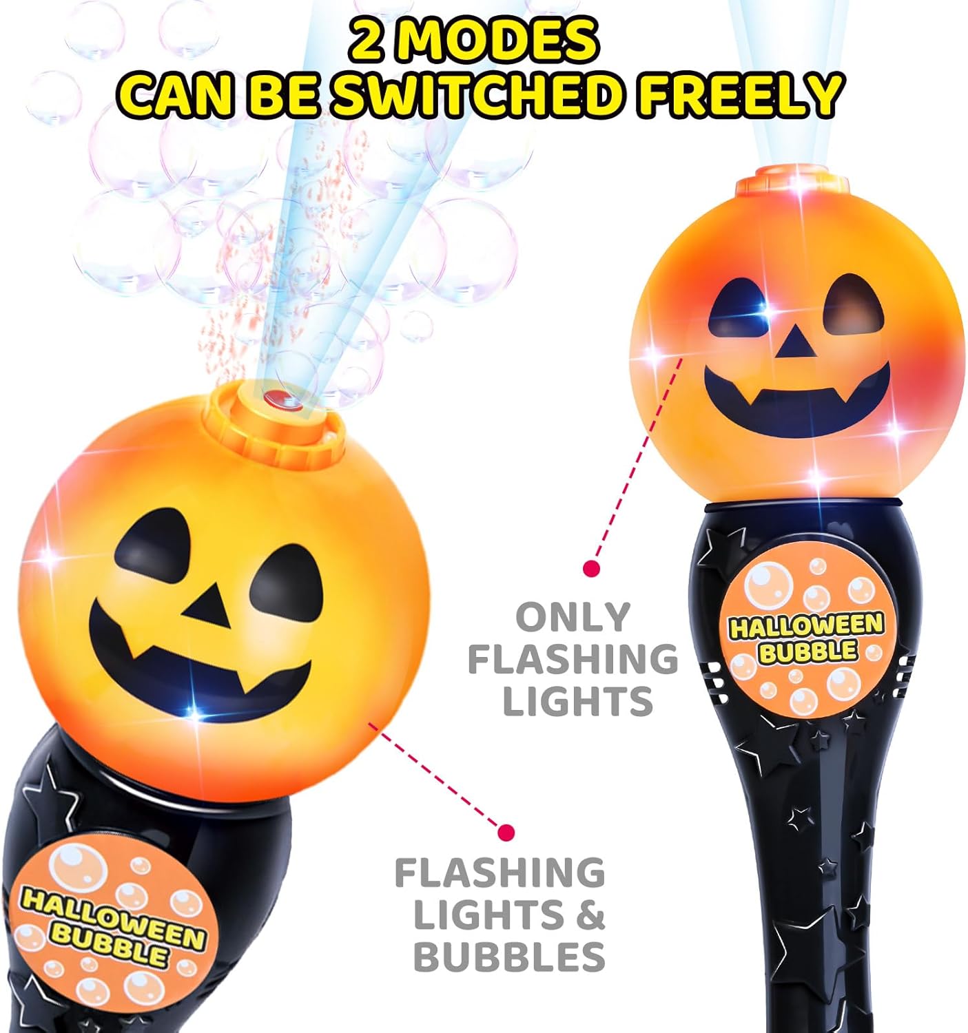 Paquete de 2 varitas sopladoras de burbujas con luz de Halloween, máquina de burbujas brillantes de calabaza y fantasma con 4 soluciones de