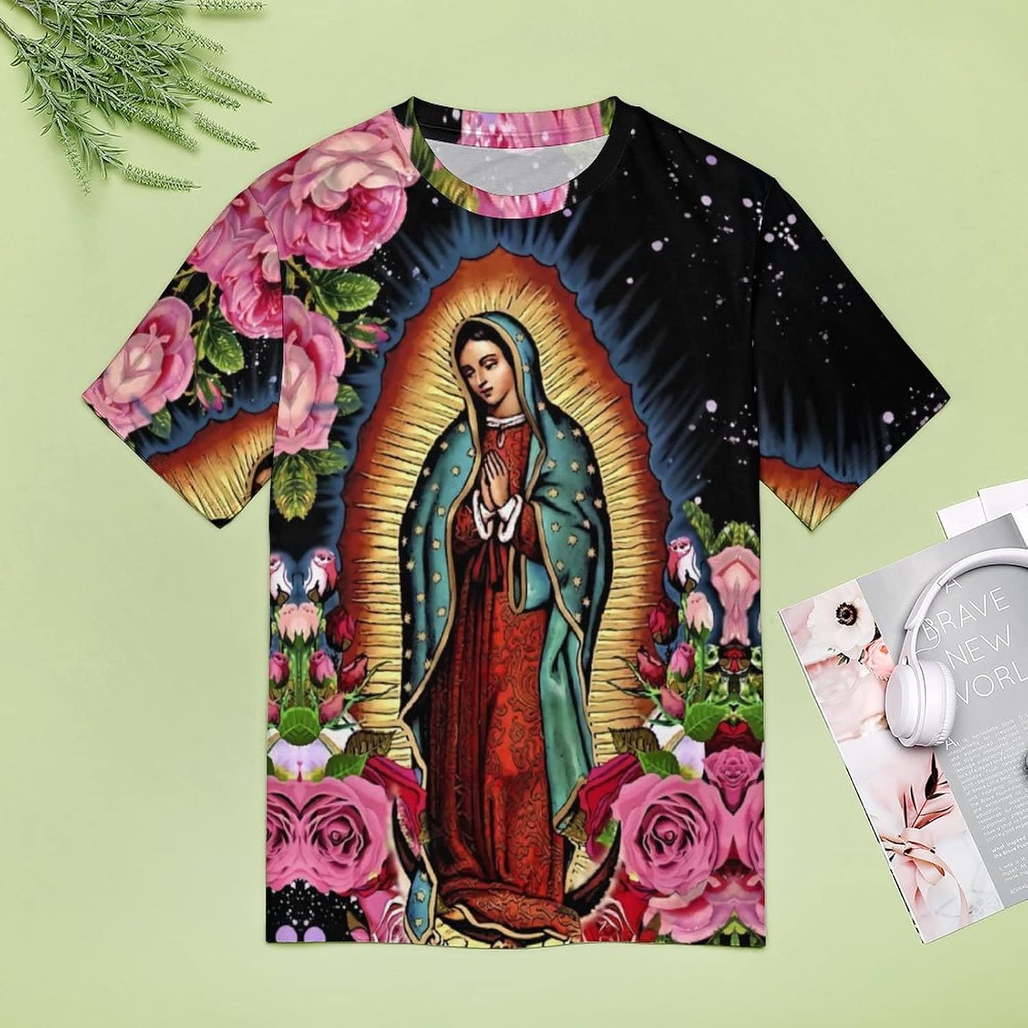 Camiseta con estampado completo para mujer Virgen María de Guadalupe