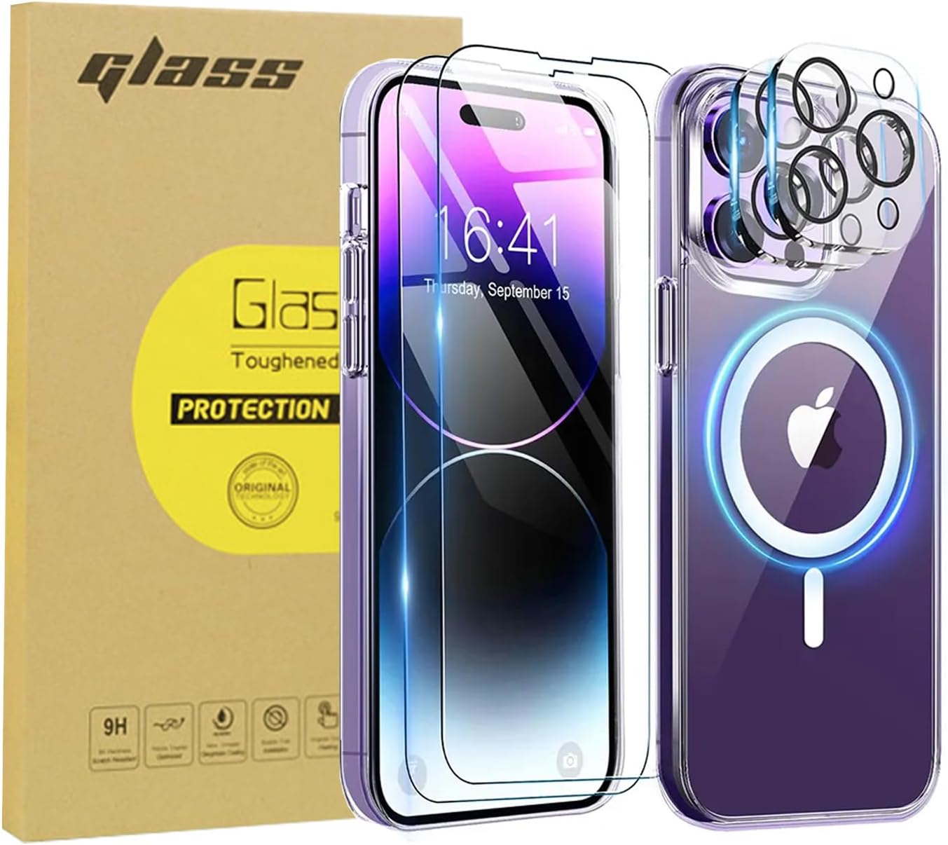 Magsafe – Funda 5 en 1 para iPhone 13  1 funda magnética transparente antiamarillamiento con 2 protectores de pantalla de vidrio templado OG + 2