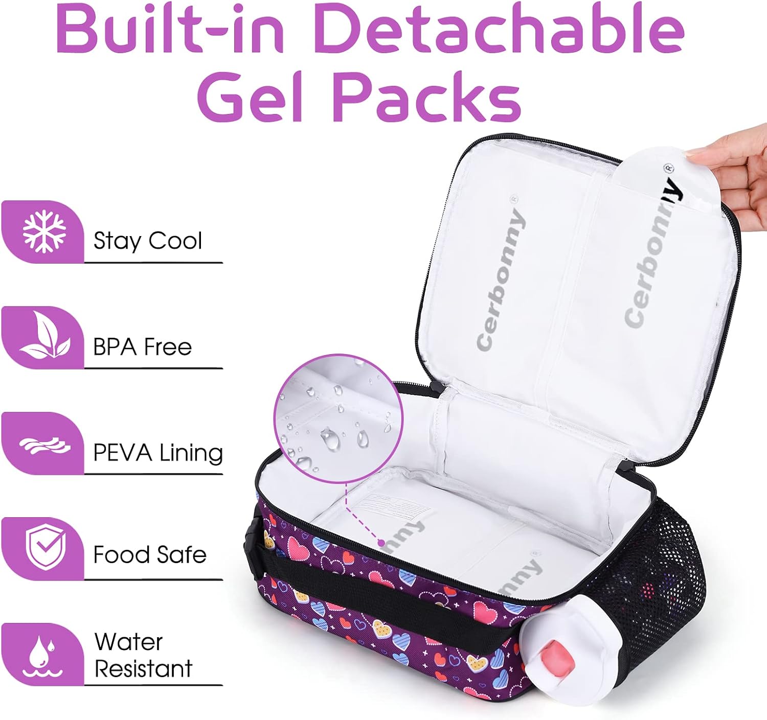Cerbonny Bolsa de almuerzo congelable, Purple Love-P, unisex, poliéster, soporte para comidas, paquetes de gel que mantienen la comida fresca