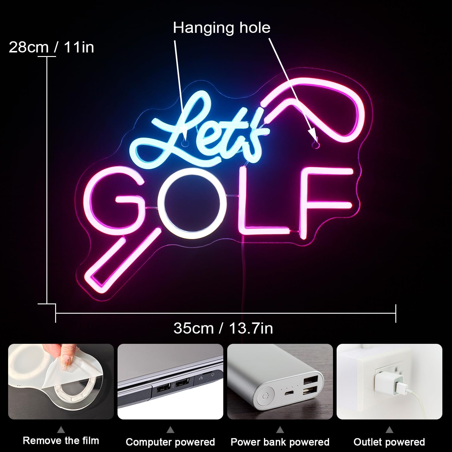 WX&YH Letrero de neón Let’s Golf  Letrero LED de golf, 10 letreros de neón creativos regulables para decoración de pared, letreros de luces de neón