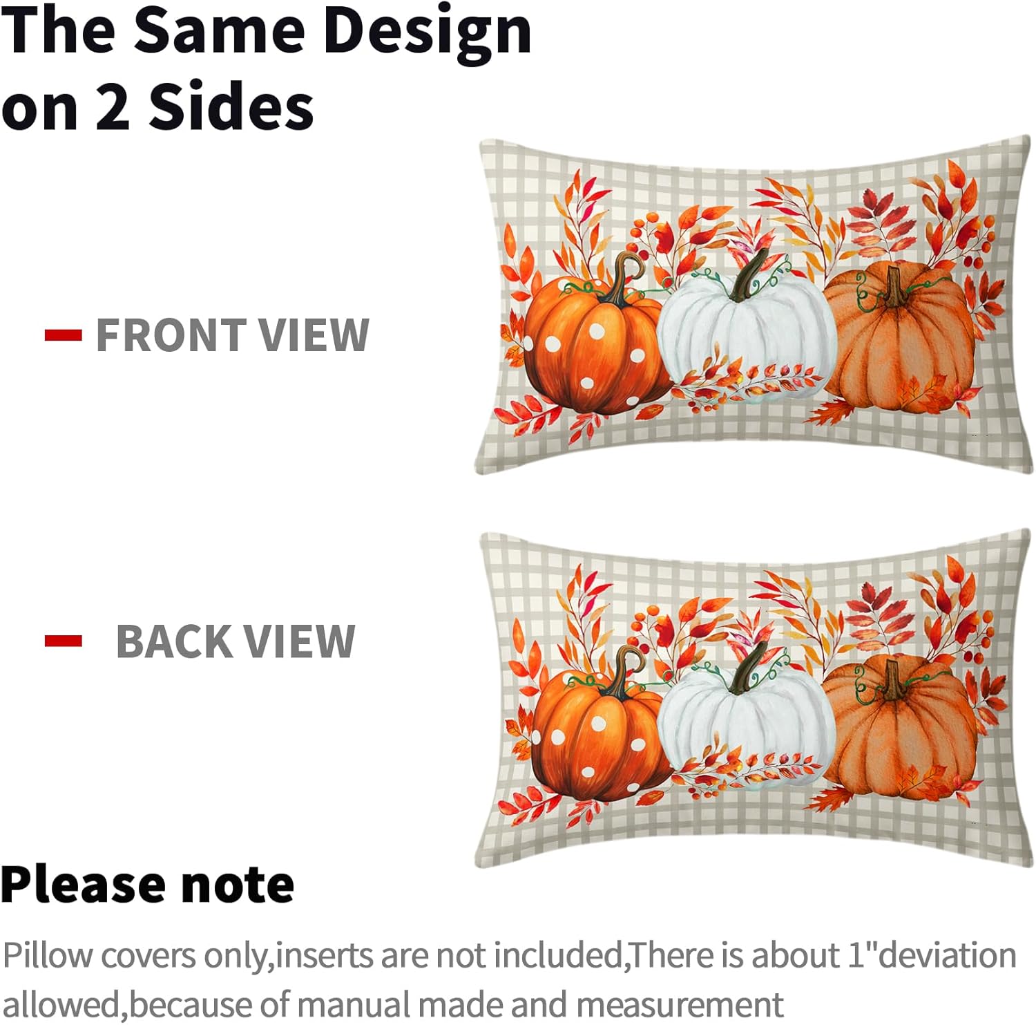 Juego de 2 fundas de almohada de otoño de 12 x 20 pulgadas, fundas de almohada de otoño de Acción de Gracias, calabaza, búfalo, a cuadros, almohadas