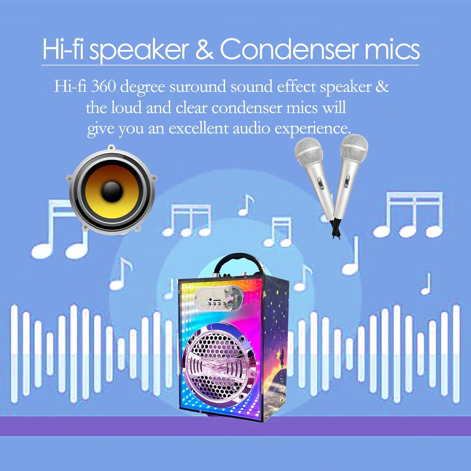 KaraMuizi Bluetooth Karaoke Machine for Kids and Adult, Mirror Surface Wooden Wireless Singing Speaker with 2 Microphones Dancing Light for Party