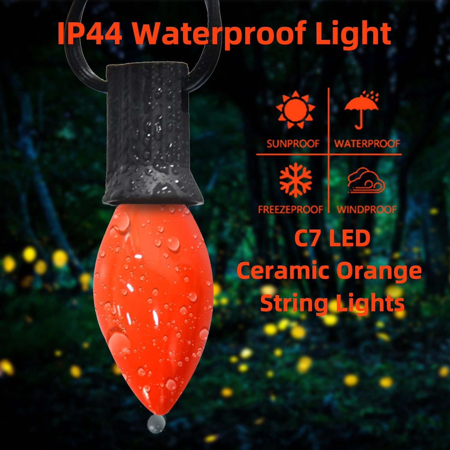 Luces LED C7 de Halloween, 25 pies, de cerámica, color naranja, luces de Halloween para interiores y exteriores con 25 bombillas LED C7, ideal como