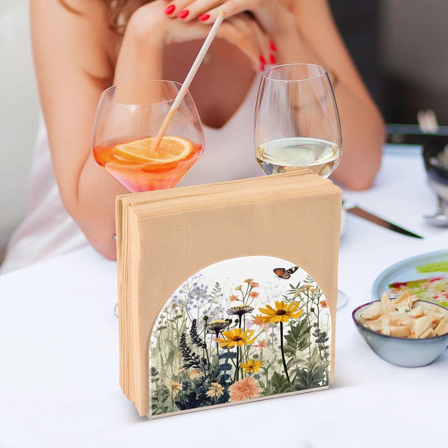 Napkin Holder Wildflowers and Butterfly Napkin Holders for Tables, Clear Acrylic Napkin Holders Cocktail Napkin Holder for Kitchen Restaurant Bar