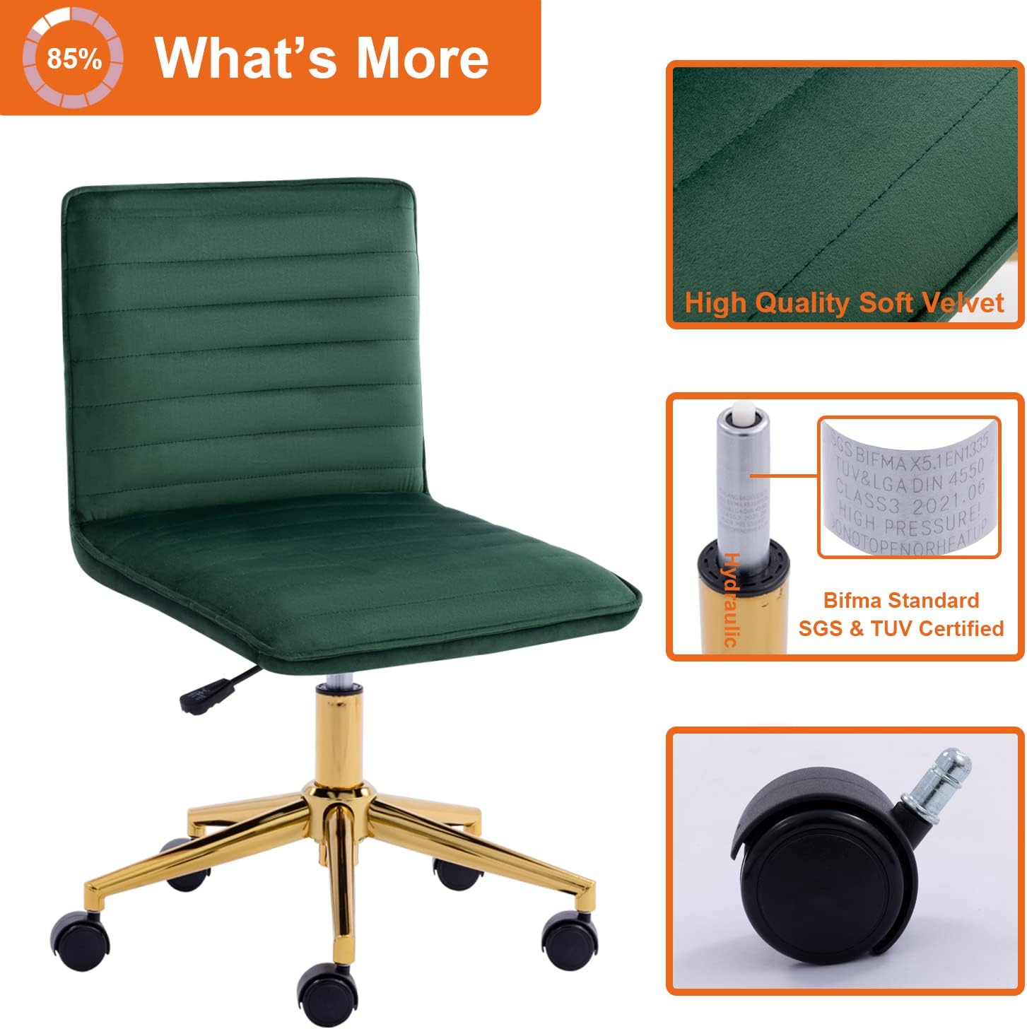 Furnimart Silla de escritorio de terciopelo sin brazos para oficina en casa, sillas de tareas ajustables, silla de oficina tapizada giratoria