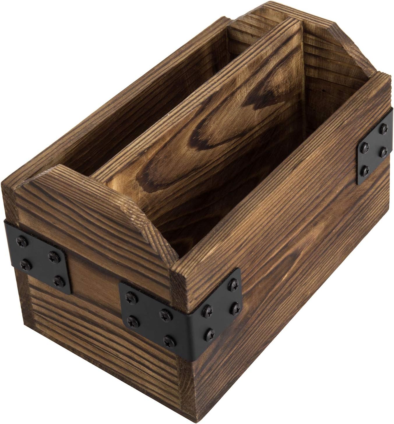 MyGift Organizador rústico de madera quemada para TV, organizador de almacenamiento para mesa con 2 compartimentos y detalles decorativos de metal