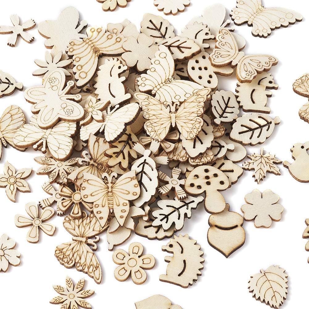 Elecrelive – 300 piezas de recortes de madera sin acabar, hojas de flores, mariposas, pequeñas piezas de madera en blanco, adornos colgantes para