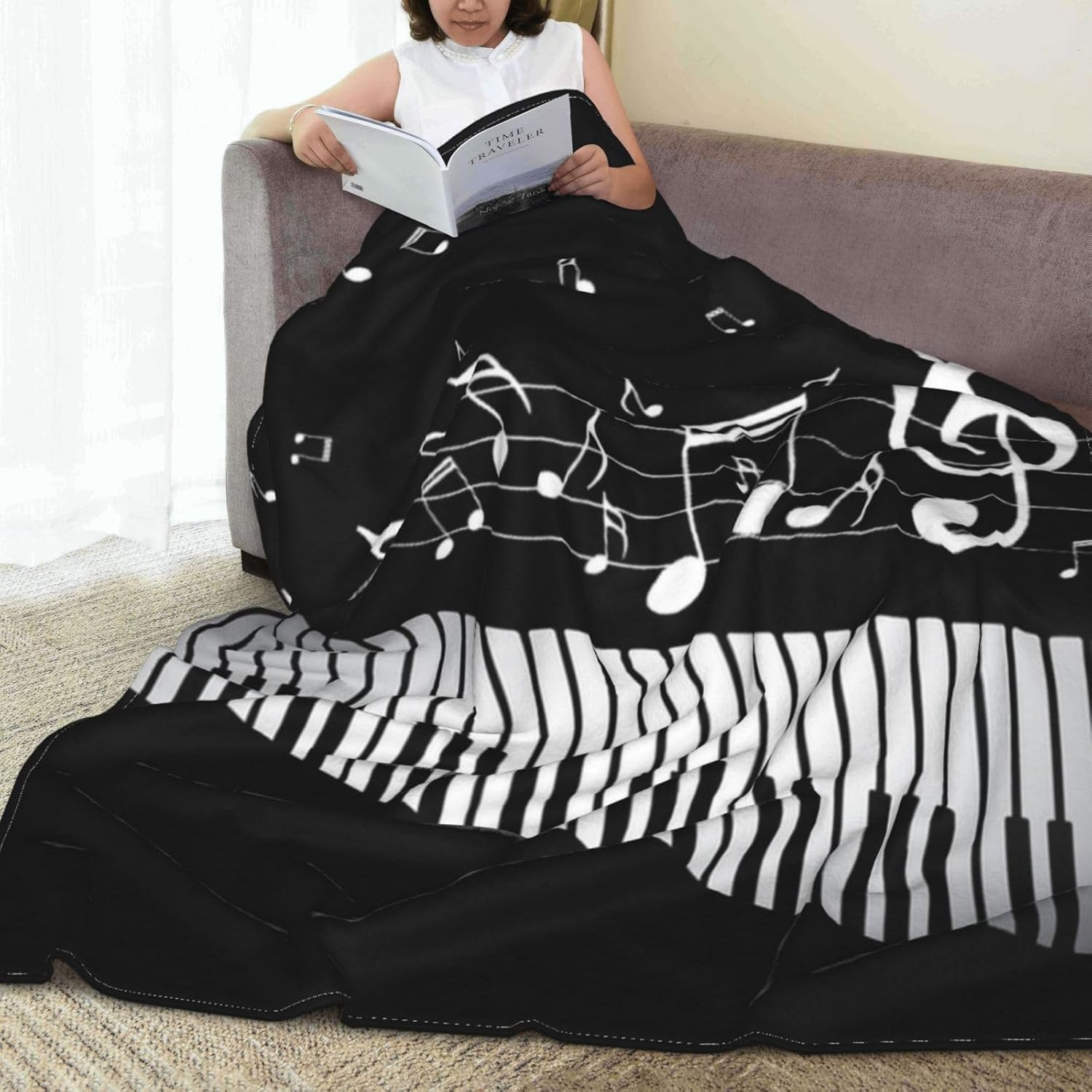 RIMENCH Elegante manta de viaje para todas las estaciones, para oficina, campamento, silla, escuela, viajes, teclas de piano blancas con notas