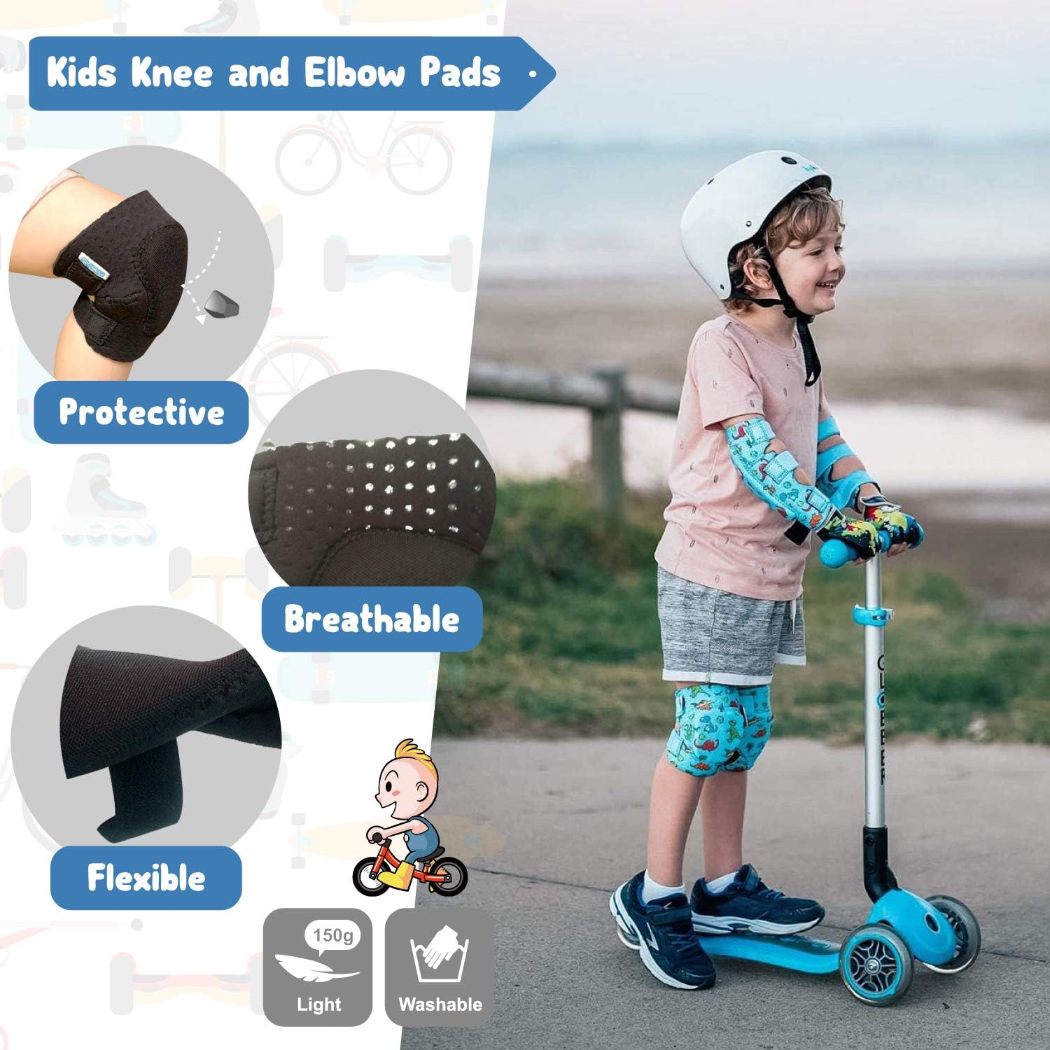 Simply Kids – Innovadoras rodilleras y coderas para niños con guantes de bicicleta, juego de equipamiento protector para niños con bolsa de malla I