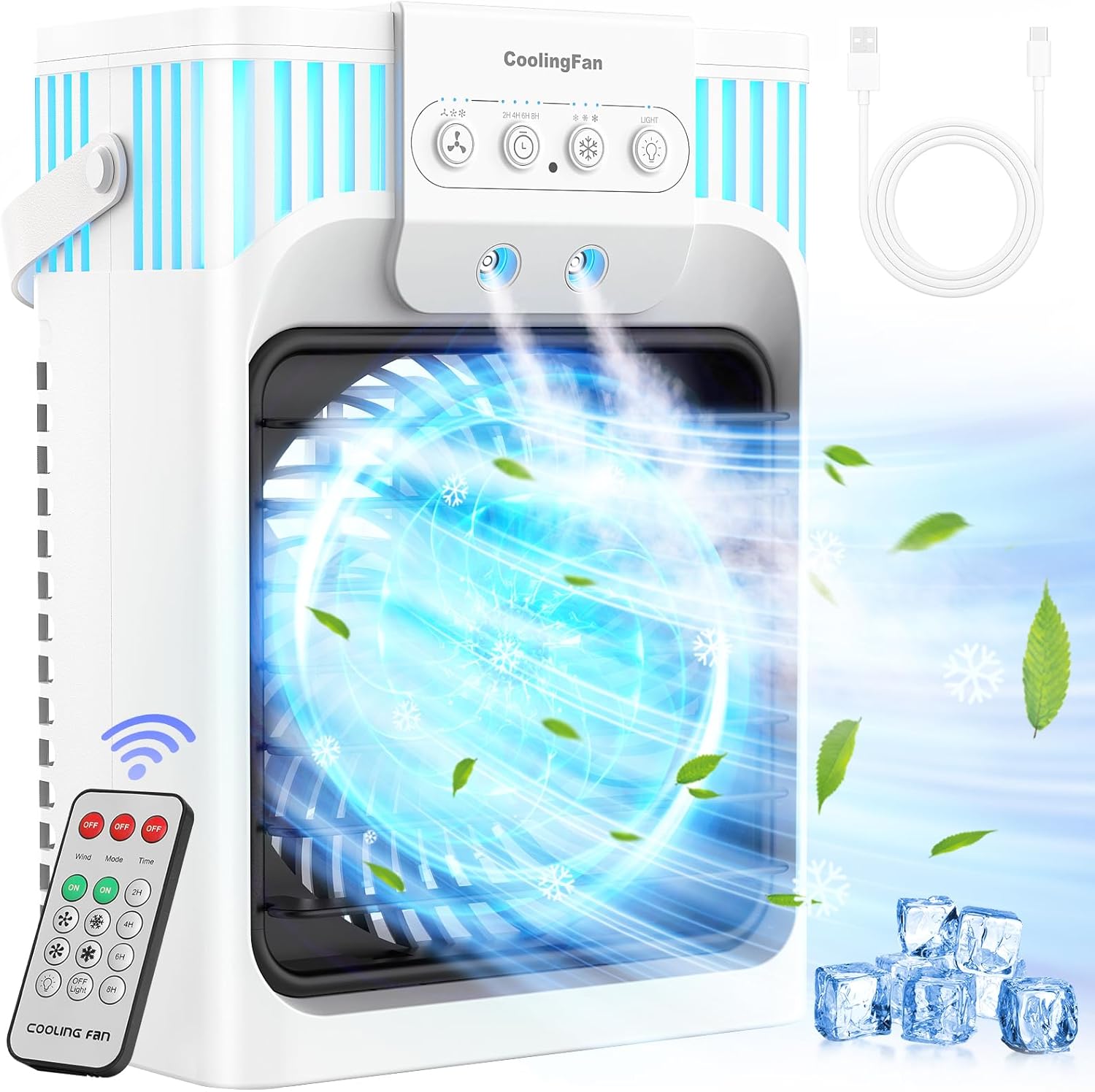 VICELEC Ventilador de aire acondicionado portátil con control remoto, silencioso con 3 velocidades, ventilador evaporativo de 40.6 fl oz con 3