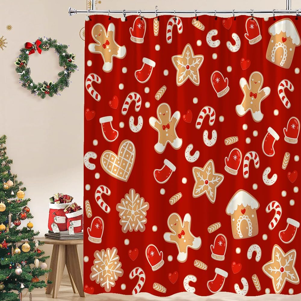 Cortina de ducha de pan de jengibre de Navidad, diseño de galletas, lindo hombre de jengibre, copo de nieve, vacaciones de invierno, feliz año