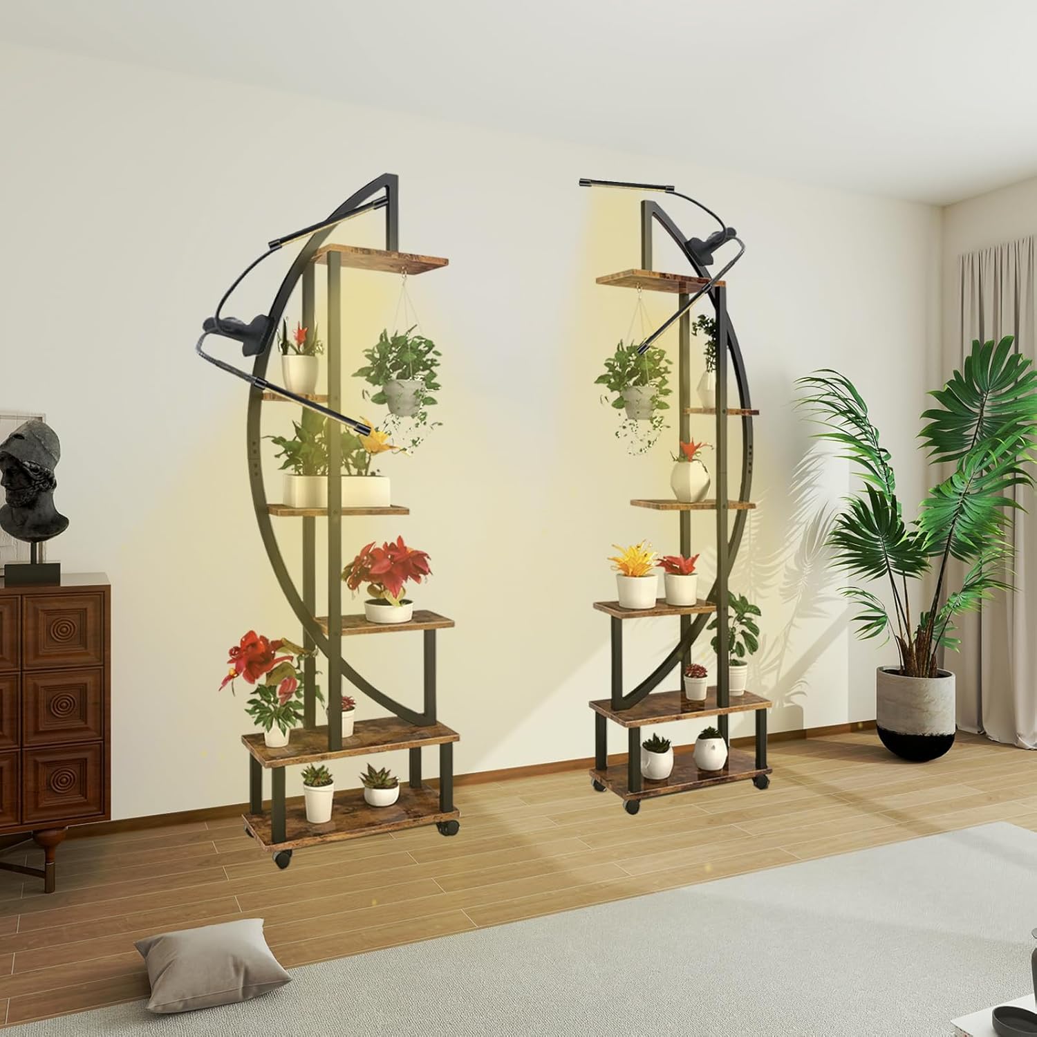 homegroove 2 soportes de metal de 6 niveles altos para plantas de interior con luz de crecimiento, estante grande en forma de media luna y ruedas