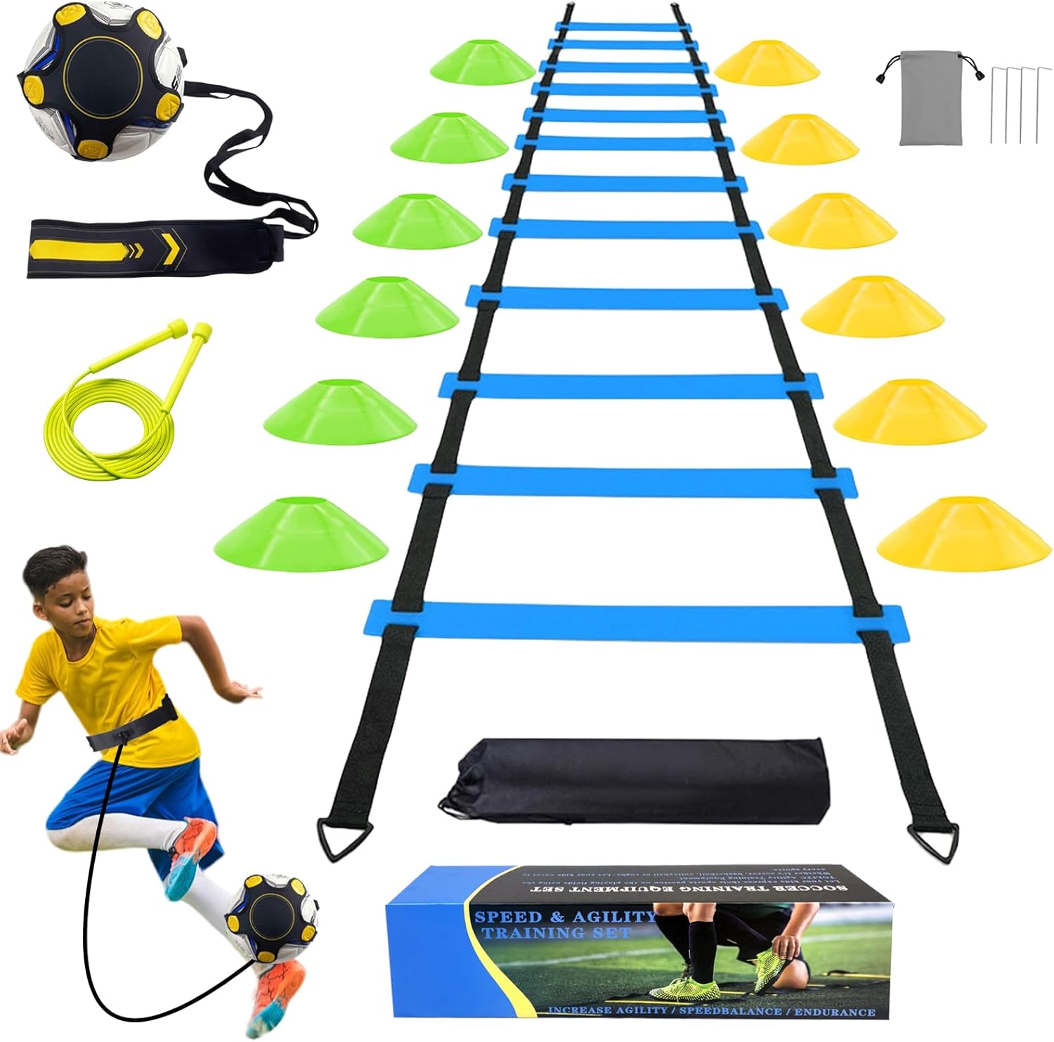 Juego de equipos de entrenamiento de agilidad de fútbol, accesorios de fútbol de 12 peldaños y 20 pies, 12 conos de disco, entrenador de fútbol