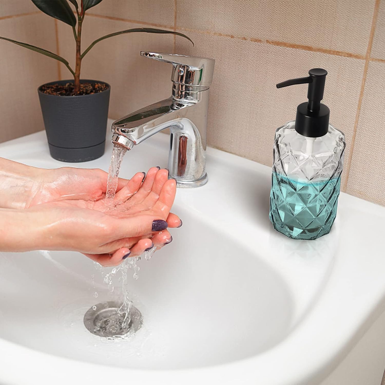 Top-spring Dispensador de jabón de vidrio de 12 onzas, dispensador de jabón de loción recargable para baño, cocina, jabón de manos, jabón para platos
