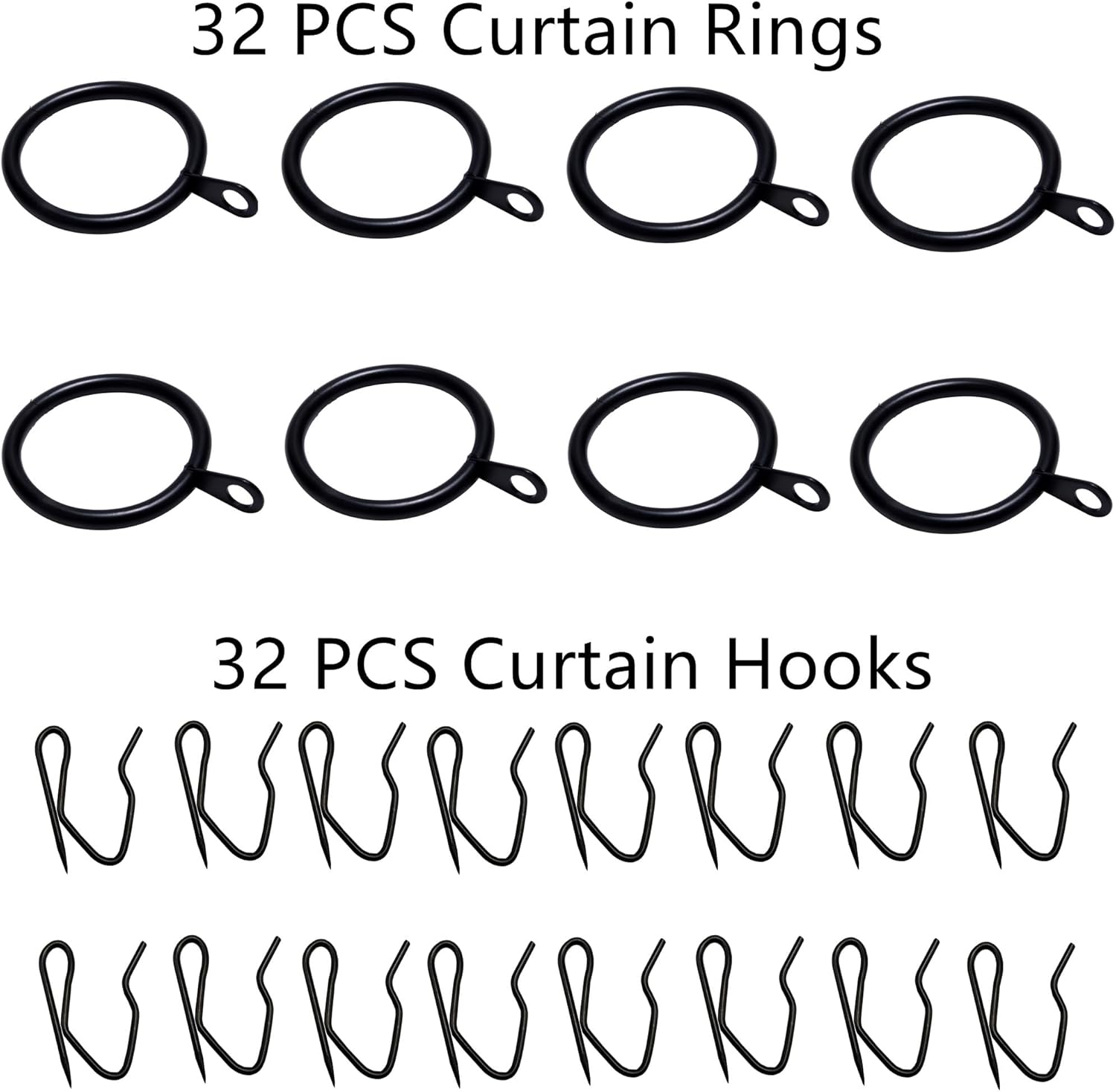 32 anillos de metal para cortinas y 32 ganchos de metal para cortina de ventana, puerta de ducha, 1.181 in de diámetro interior (negro)