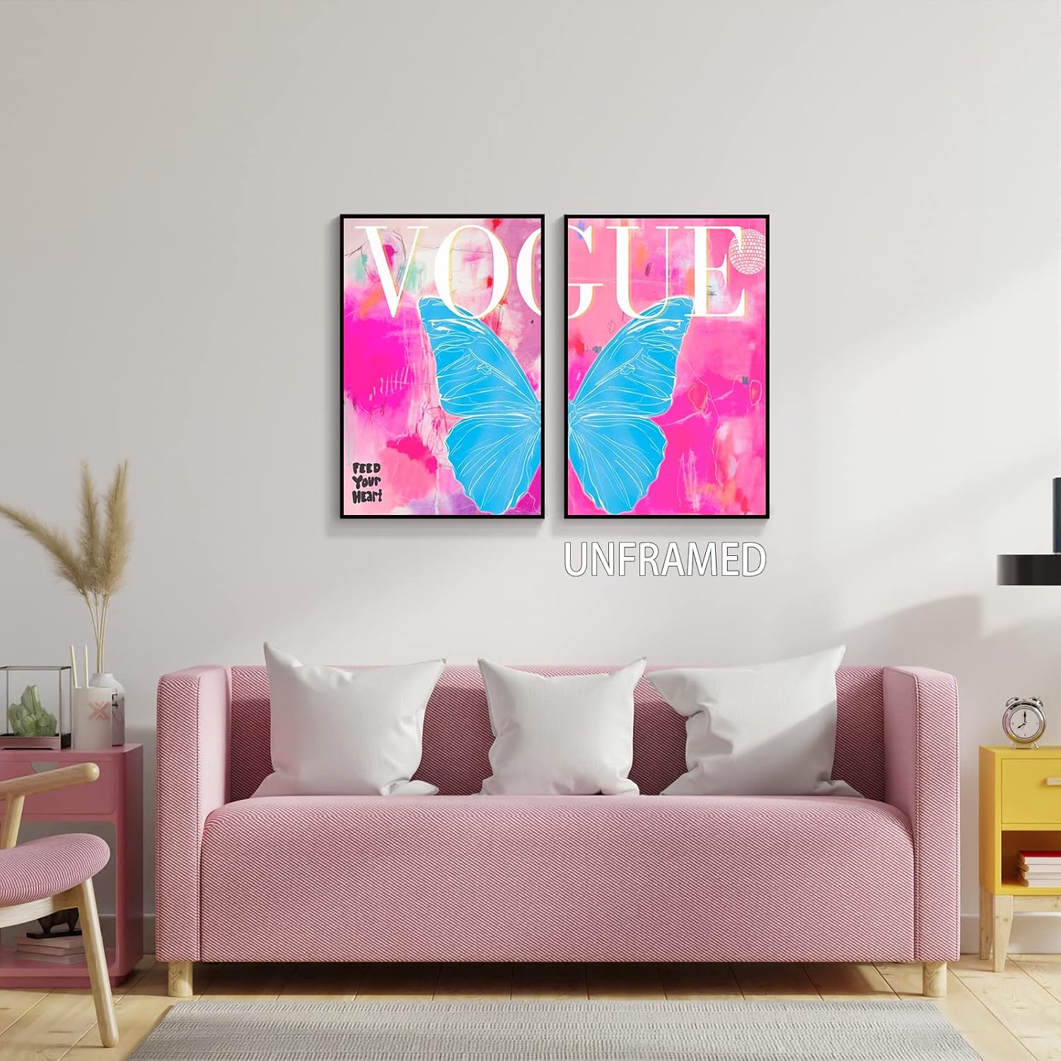 TACRIG 2 piezas de arte de pared en lienzo de mariposa azul de moda preppy – Pósteres de imágenes de moda rosa para dormitorio de niñas – Decoración
