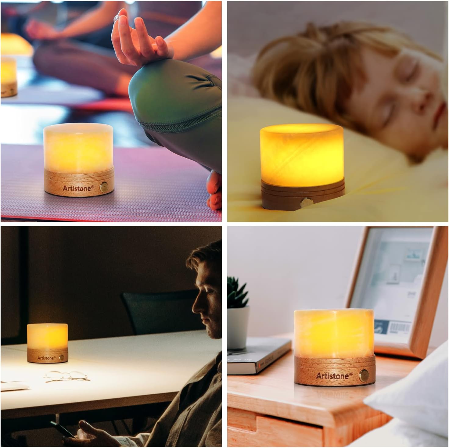 Artiistone Luz nocturna de piedra de cristal con sensor táctil de base de madera, recargable por USB, cristales curativos naturales, lámpara LED,