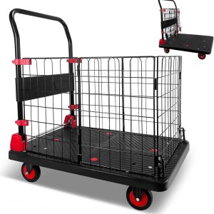 Carrito de plataforma con jaula, carrito plegable de empuje de 440 libras de capacidad con ruedas giratorias de 360 grados TPR de 5 pulgadas, Carrito de plataforma con jaula, carrito plegable de empuje de 440 libras de capacidad con ruedas giratorias de 360 grados TPR de 5 pulgadas,