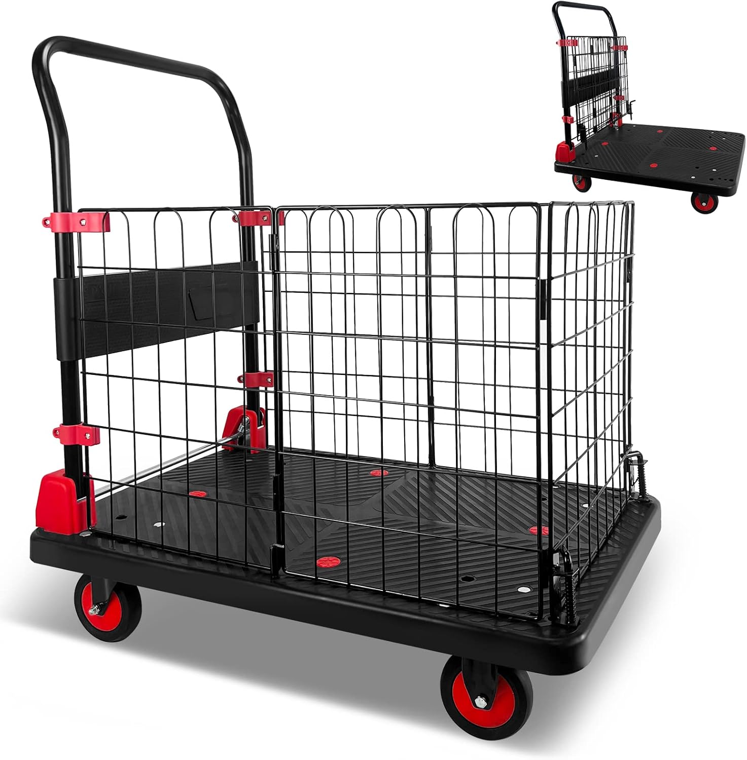 Carrito de plataforma con jaula, carrito plegable de empuje de 440 libras de capacidad con ruedas giratorias de 360 grados TPR de 5 pulgadas,