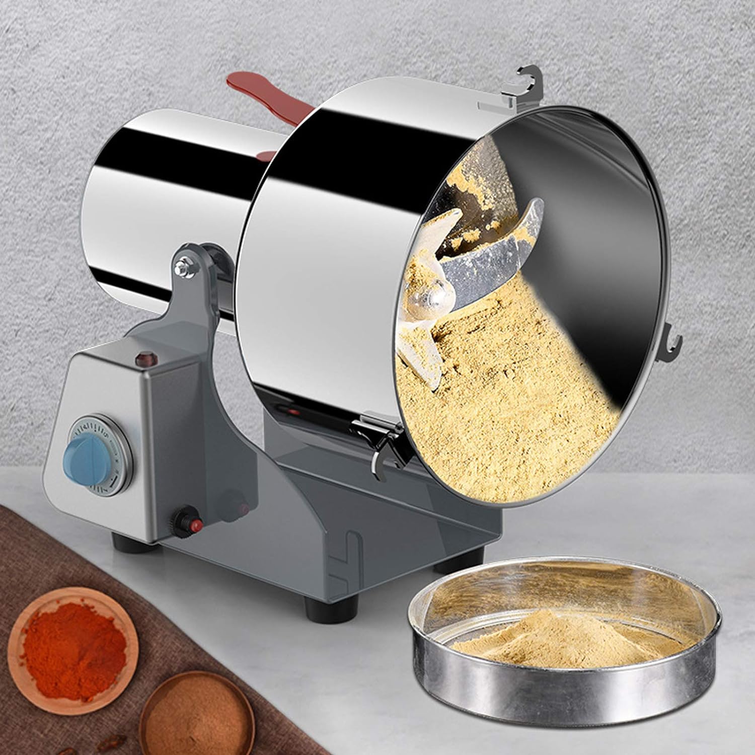 Fetcoi Molinillo eléctrico comercial para especias de grano de hierbas, capacidad de 70.55 oz, grado de trituración de malla 60-350, acero
