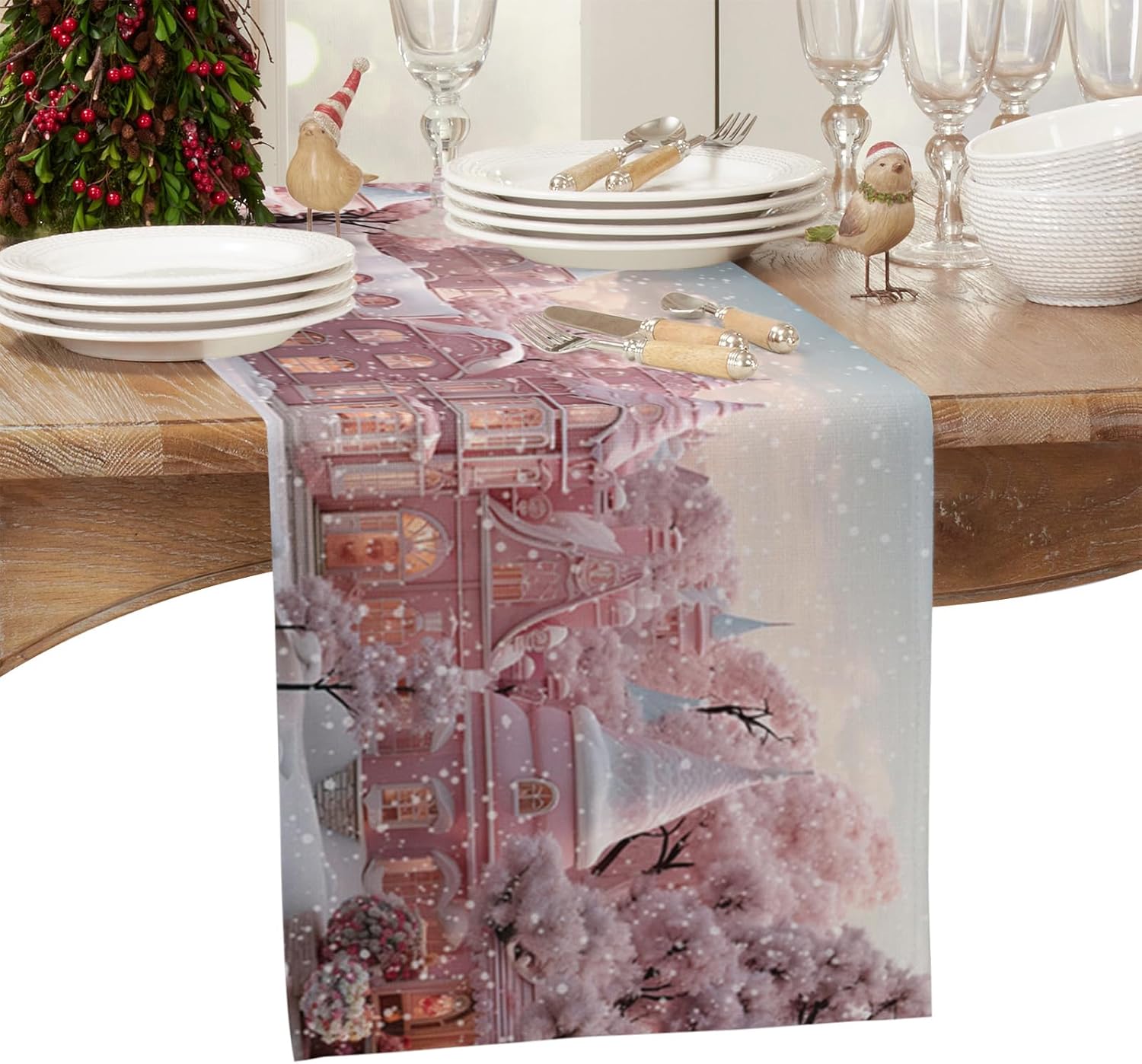 Camino de mesa navideño de algodón y lino de 48 pulgadas, castillo de Navidad rosa, copo de nieve, decoración de invierno de temporada, caminos de
