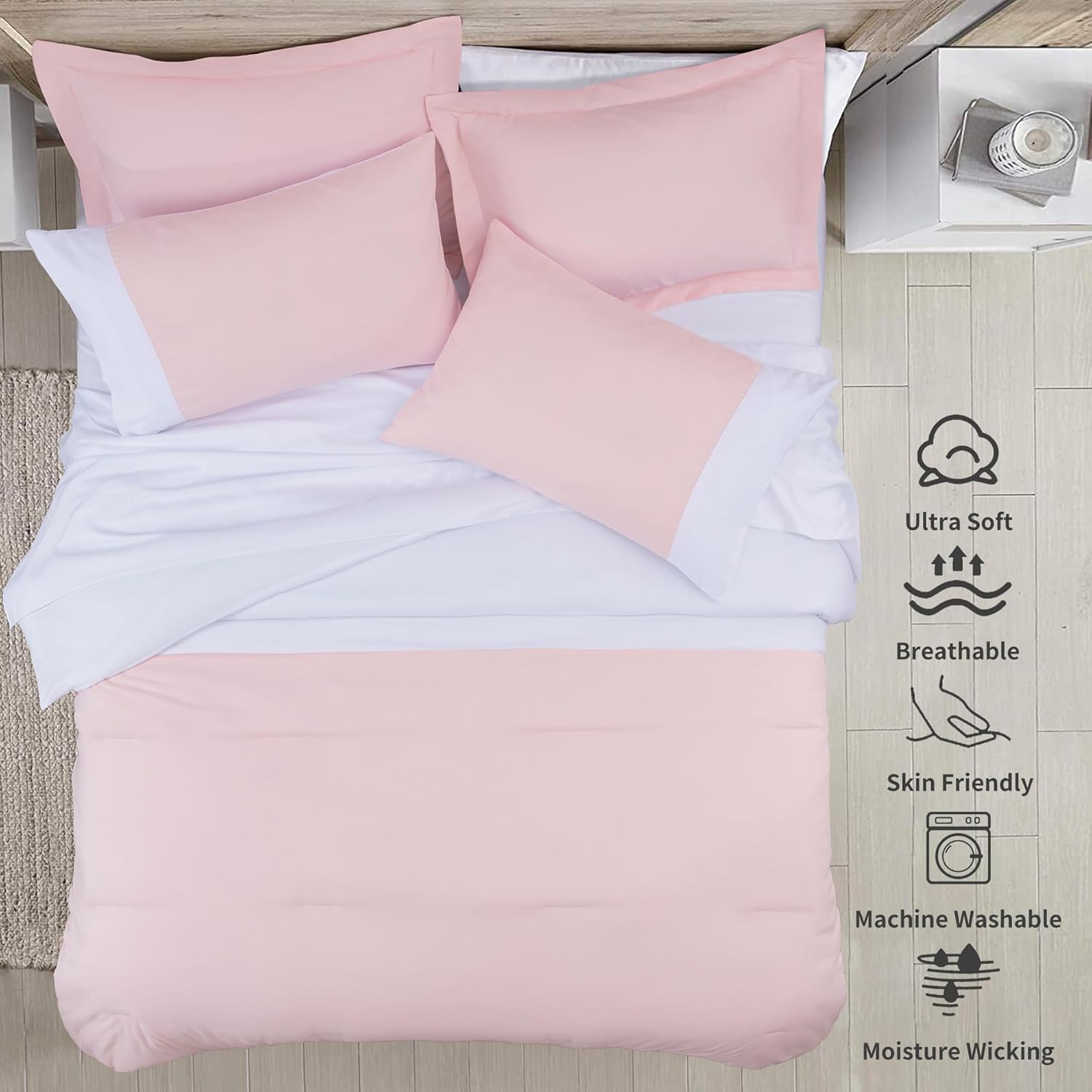 Kingsley trend Juego de edredón King de 7 piezas, ropa de cama tamaño King en bolsa, reversible, rosablanco, con edredón, sábanas planas y bajeras,